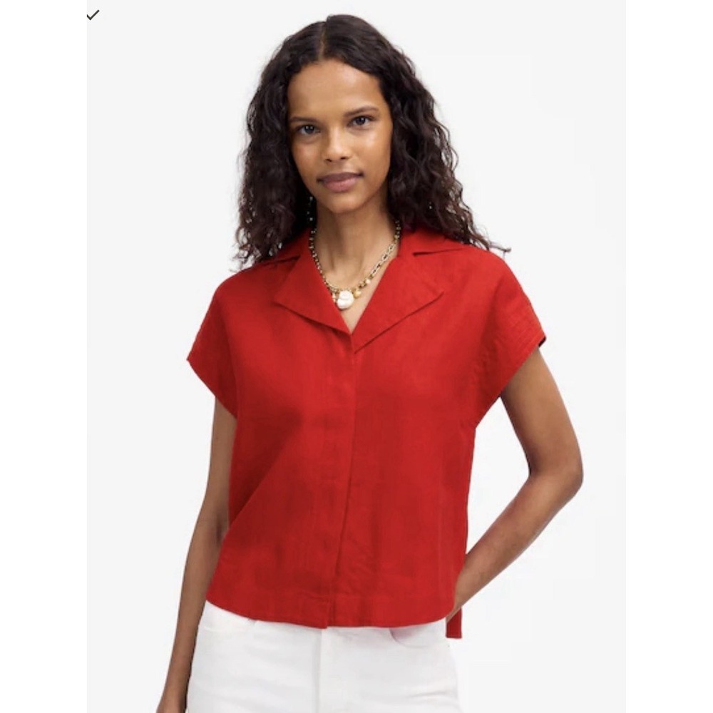 Madewell 100% Linen Resort Collar Shirt Crop Boxy Button Down Blazer Red Large